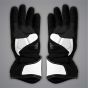 White leather motorcycle gloves with SBK 2025 race-inspired design and protective padding