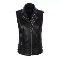Biker Ladies Leather Studded Collar Vest front view