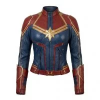 Captain Marvel Blue & Red Leather Jacket front view
