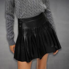 Blue leather pleated skirt hotsell