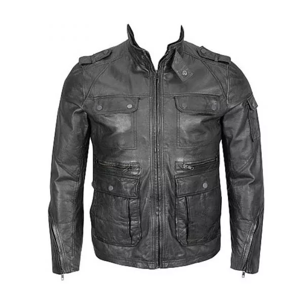 Hipster leather jacket for men in black cowhide, front view
