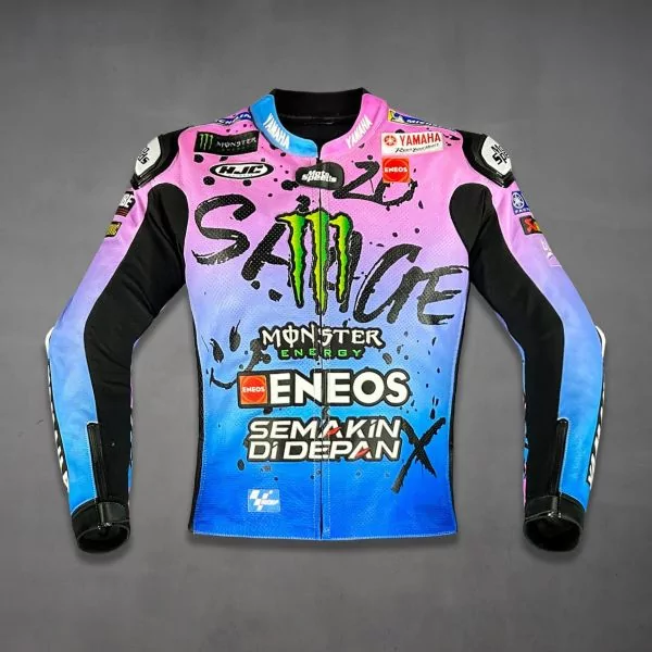 Fabio Quartararo 2024 MotoGP jacket in black, blue, pink and purple, front view