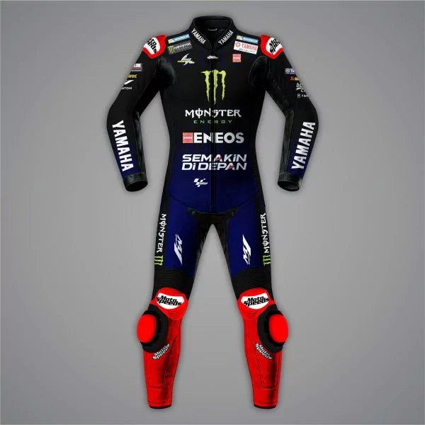Fabio Quartararo 2022 MotoGP-drakt i svart og blått, forfra