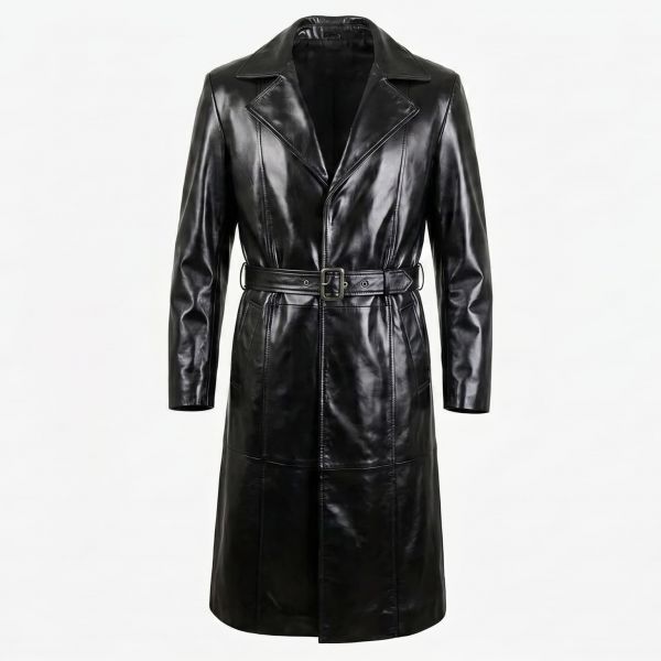 Blade Black Leather Trench Coat front view