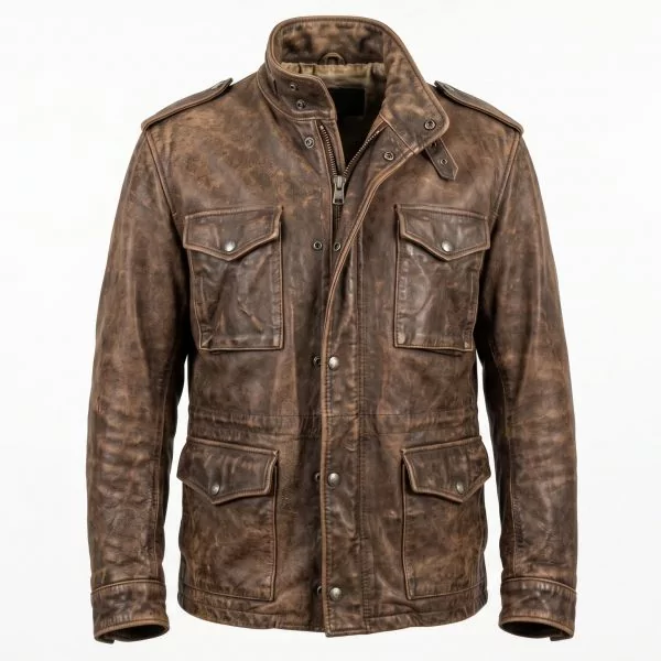 Rambo Distressed Brown Leather Jacket front view