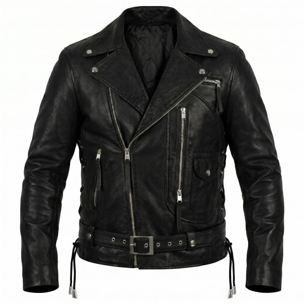 Terminator 2 Black Biker Leather Jacket front view
