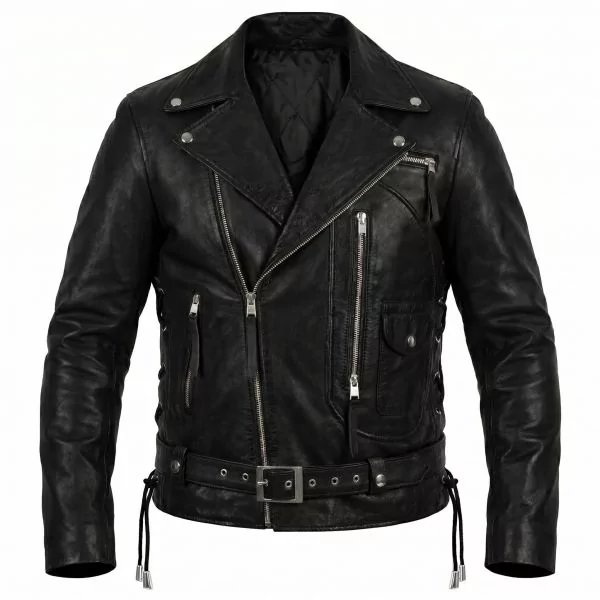 Terminator 2 Black Biker Leather Jacket front view