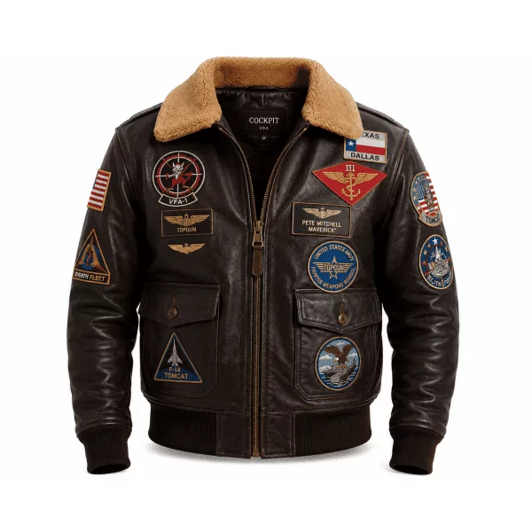 Top Gun Naval Pilot Patches Leather Jacket front view