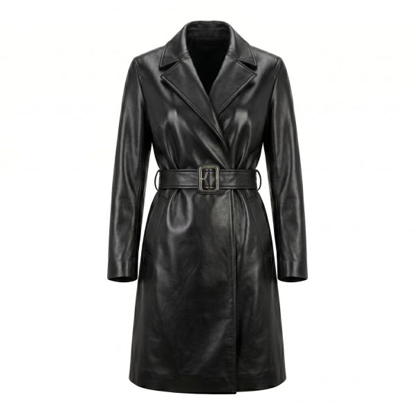 Catwoman Black Leather Coat front view
