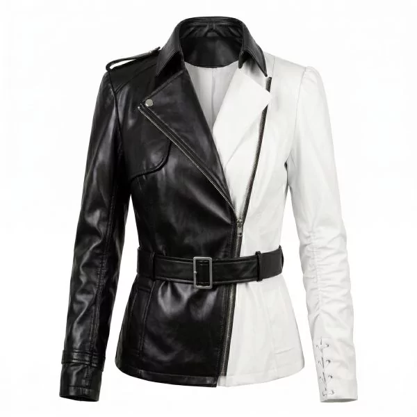 Cruella Black and White Leather Jacket front view