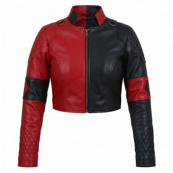 Harley Quinn Red and Black Leather Jacket front view