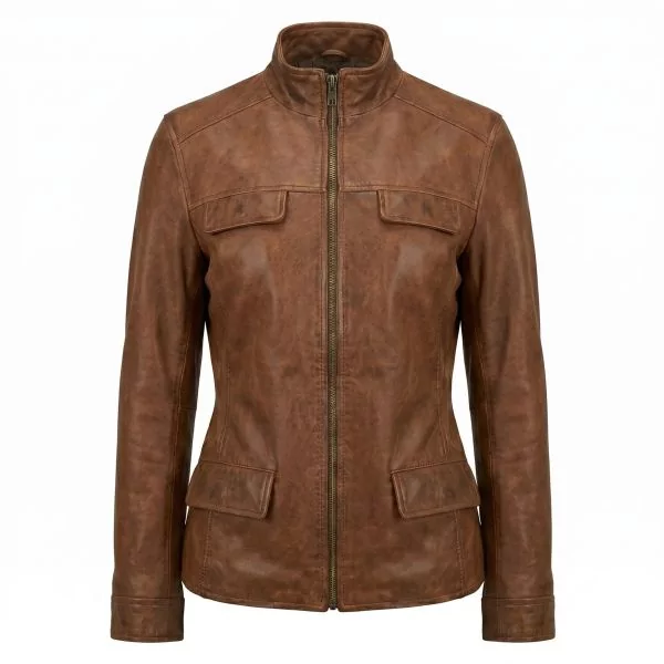 Hunger Games Katniss Brown Leather Jacket front view