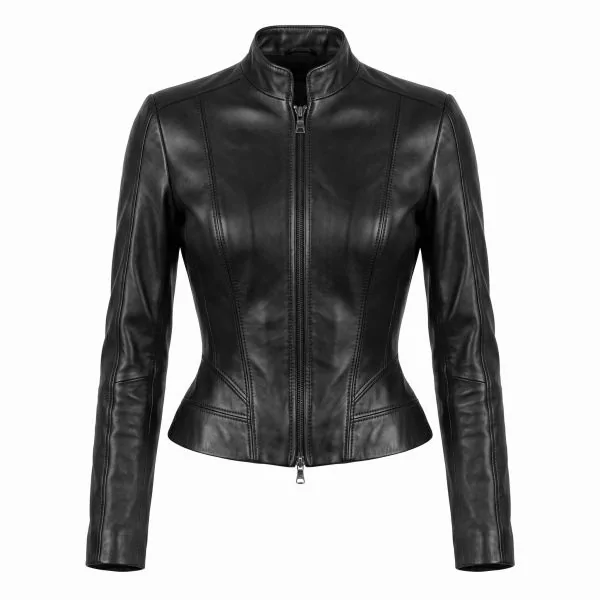 Evelyn Salt black motorcycle jacket in sheepskin, front view
