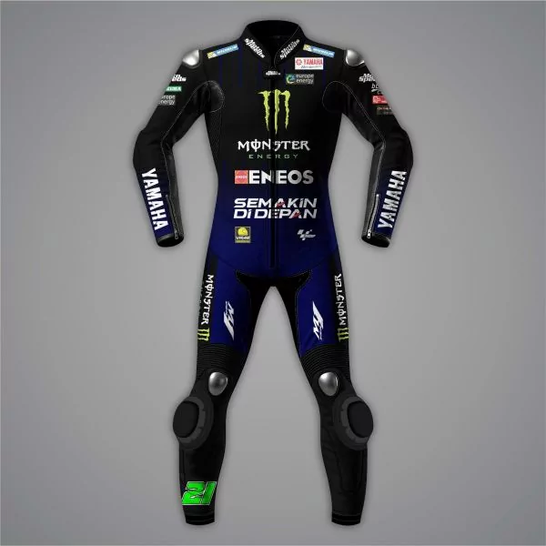 Franco Morbidelli 2022 MotoGP suit in black and Yamaha blue, front view