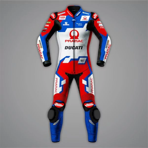 青・赤・白のヨハン・ザルコ ドゥカティ 2022 レーシングスーツ 正面