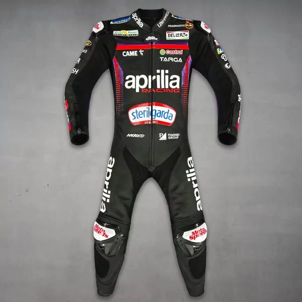 Jorge Martin Aprilia Racing MotoGP 2026 suit front view with protective armor panels