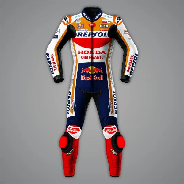 Marc Marquez 2022 MotoGP suit in orange, blue and white, front view