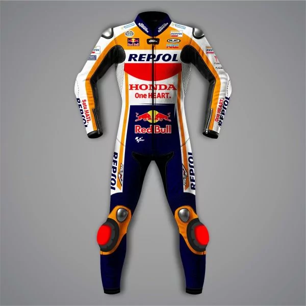 Pol Espargaro 2022 MotoGP-drakt i oransje, Repsol-blått og hvitt, forfra