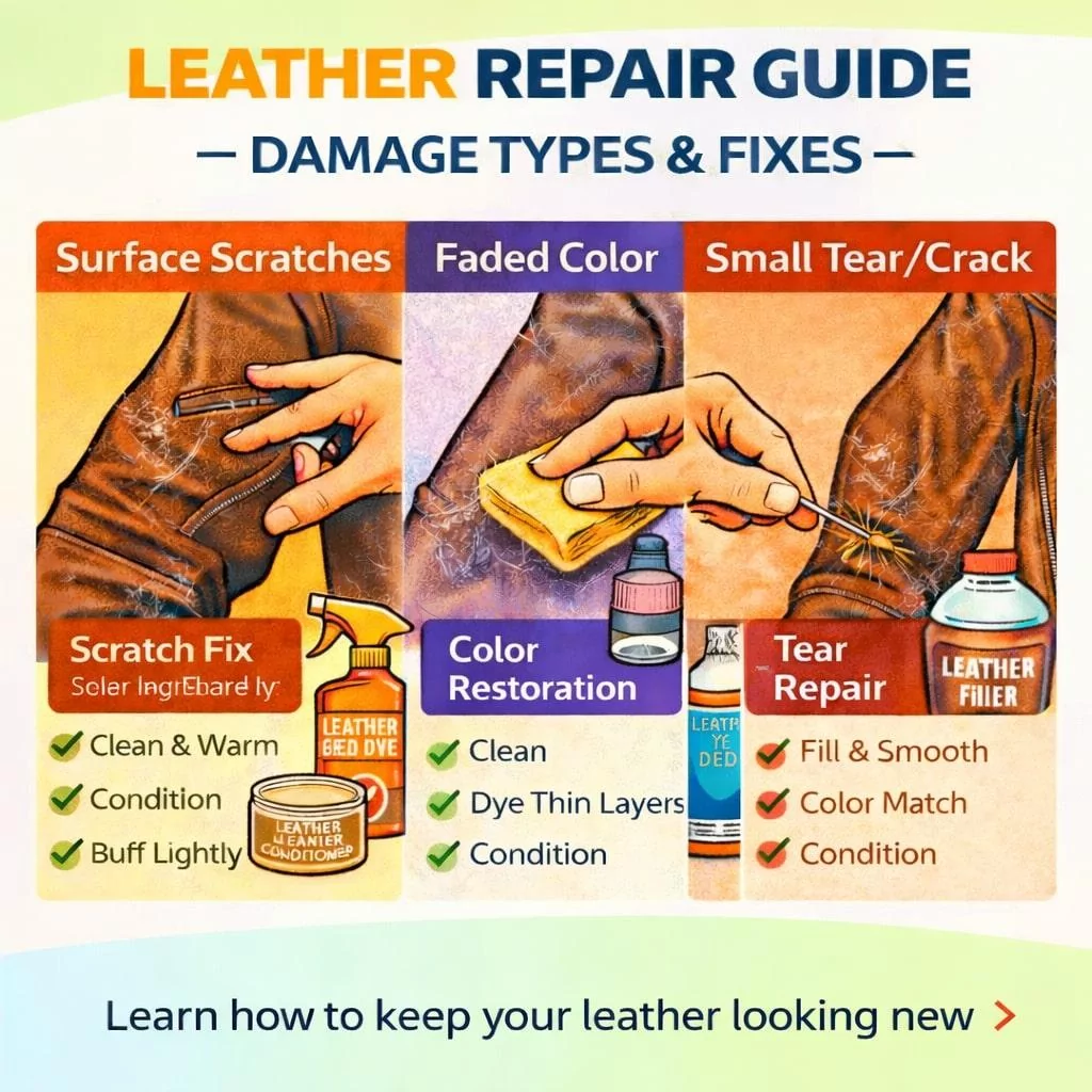 infographic: leather scratch repair method guide by damage type