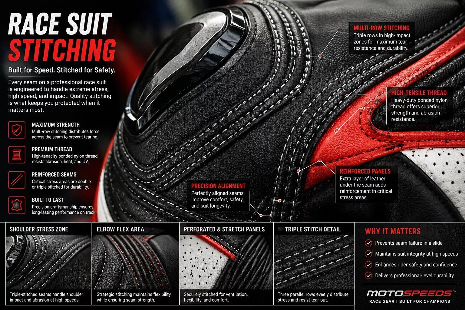 Close-up of reinforced stitching on a motorcycle race suit