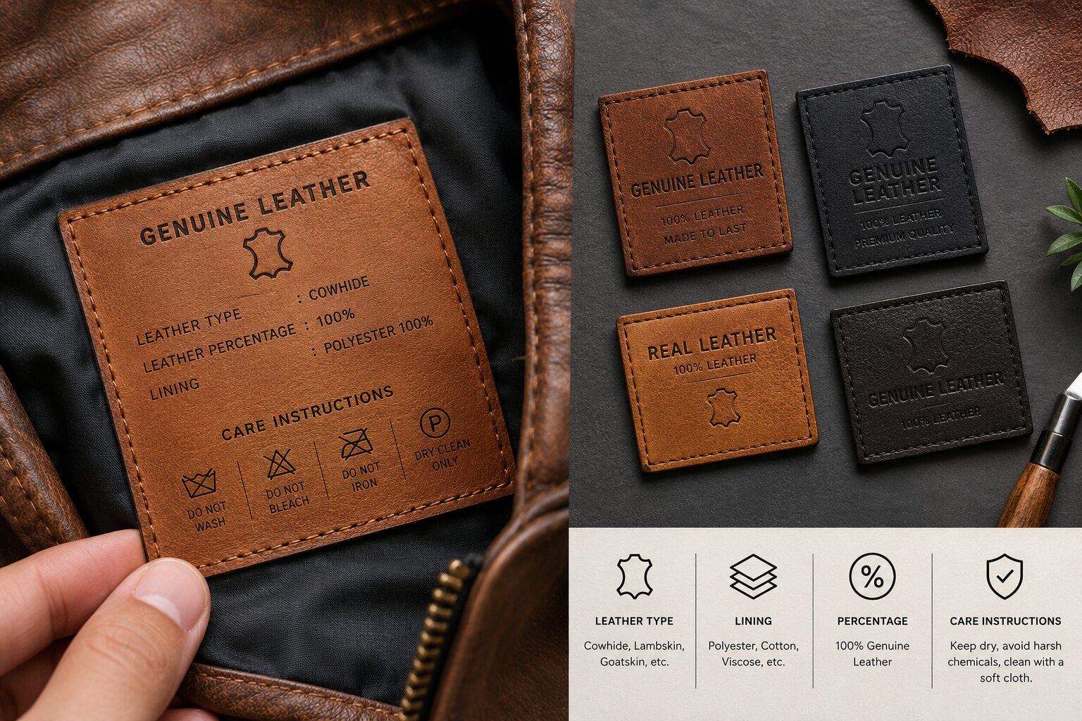 Close-up of genuine leather label on a leather jacket showing material composition and care instructions