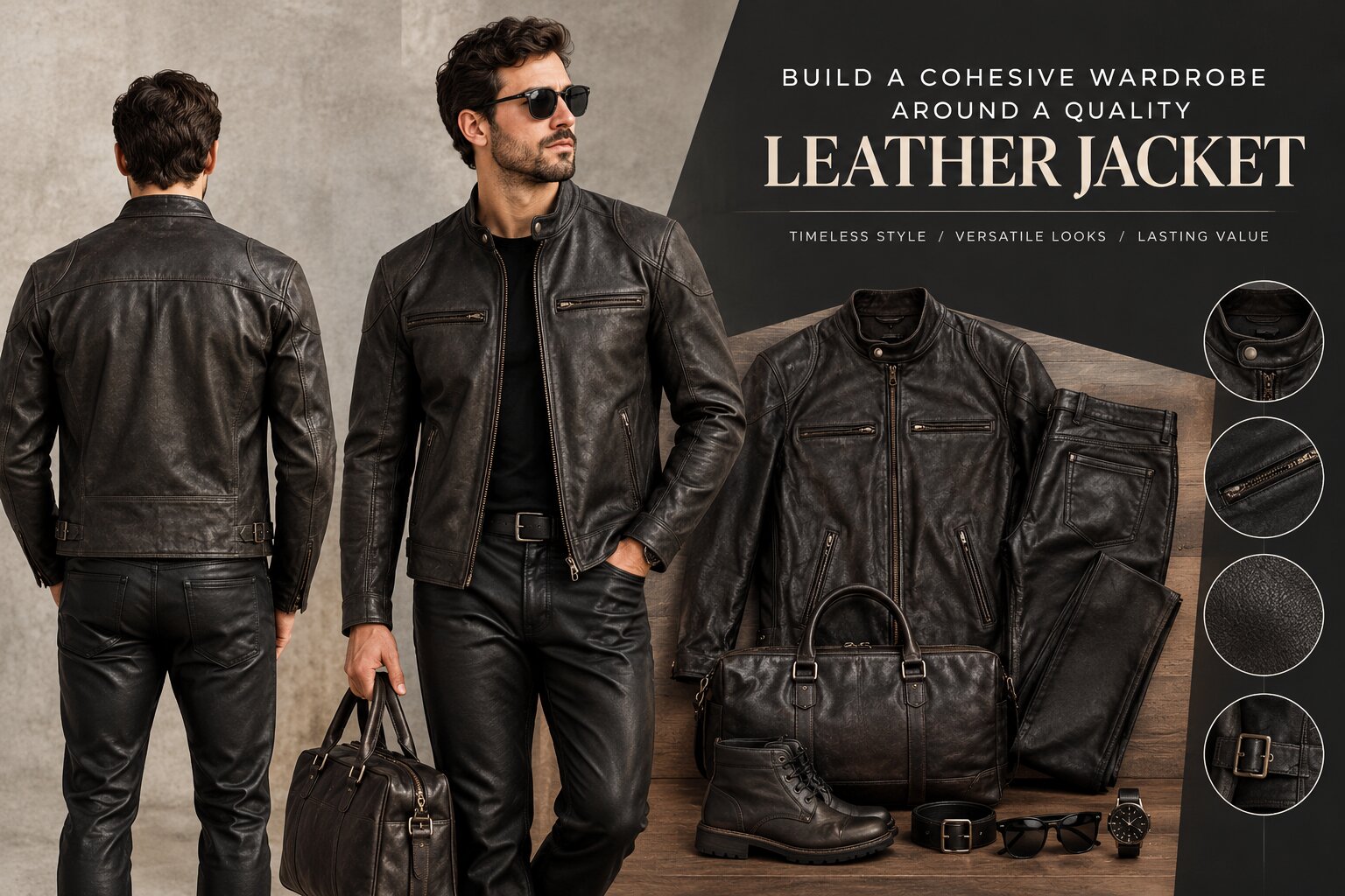 Leather jacket capsule wardrobe with coordinated pieces showing fit, style, and quality details