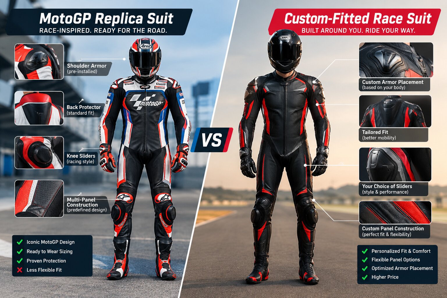 MotoGP replica suit compared to custom race suit showing fit and armor placement differences
