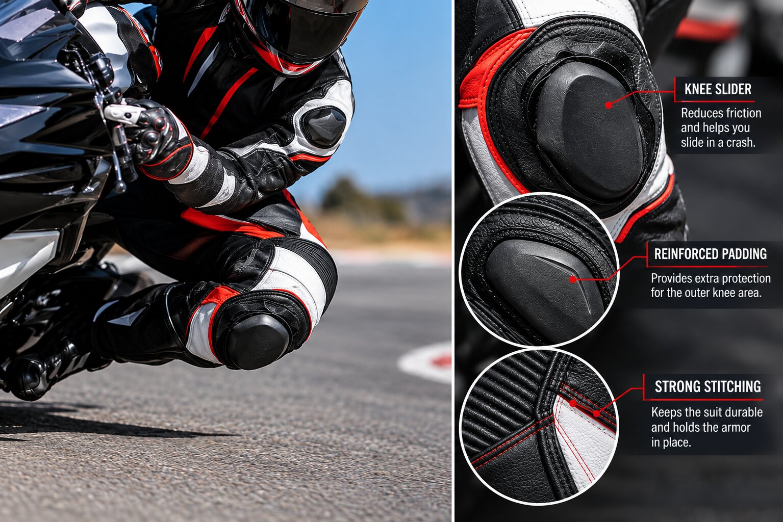 Close-up view of motorcycle knee sliders on a racing suit showing protective padding and construction