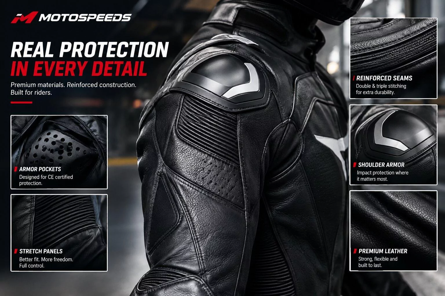 High-quality motorcycle leather gear showing reinforced stitching, armor placement, and protective construction for rider safety