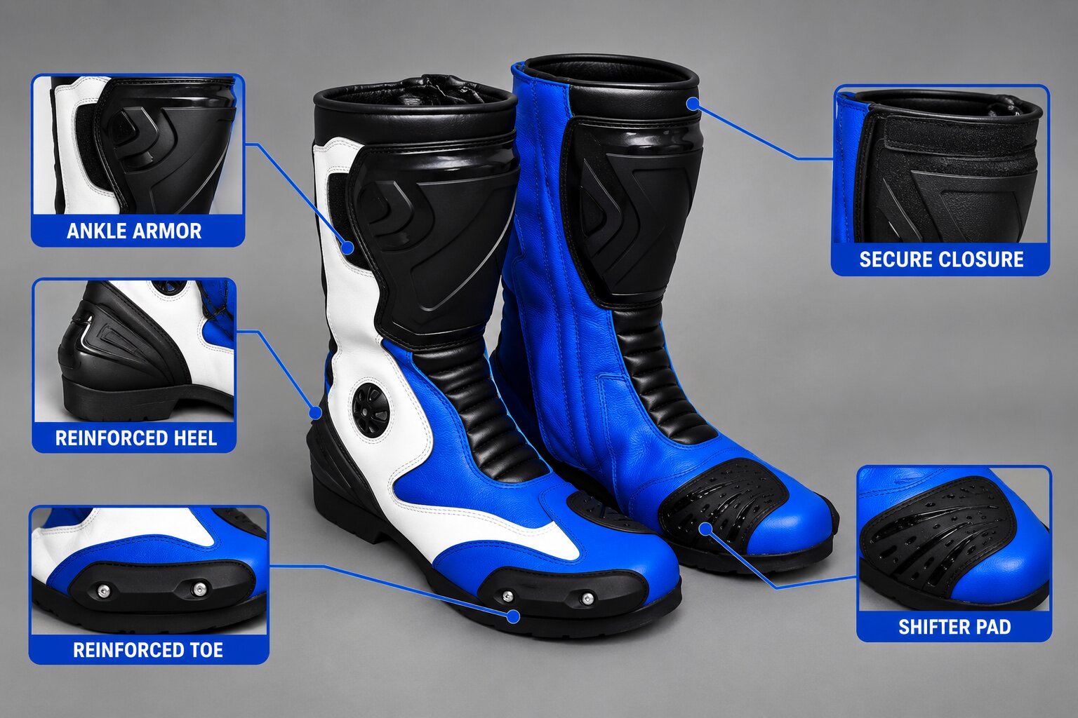 Motorcycle racing boots with ankle armor and reinforced shifter pad for track protection
