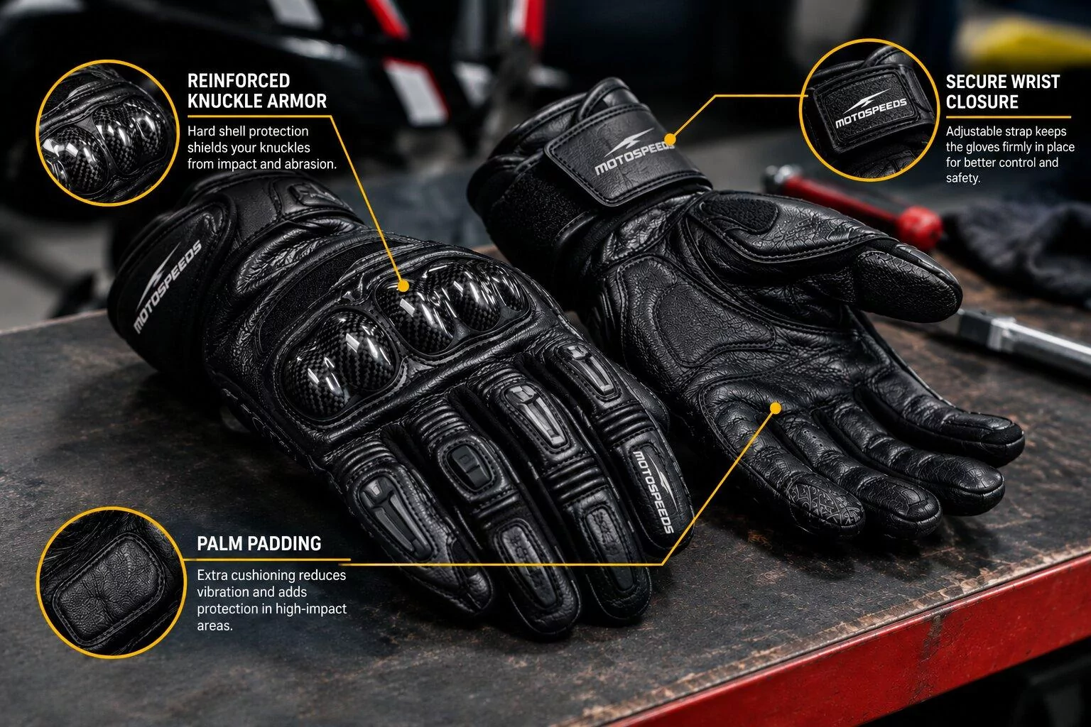 otorcycle racing gloves with reinforced knuckle and palm armor for track riding