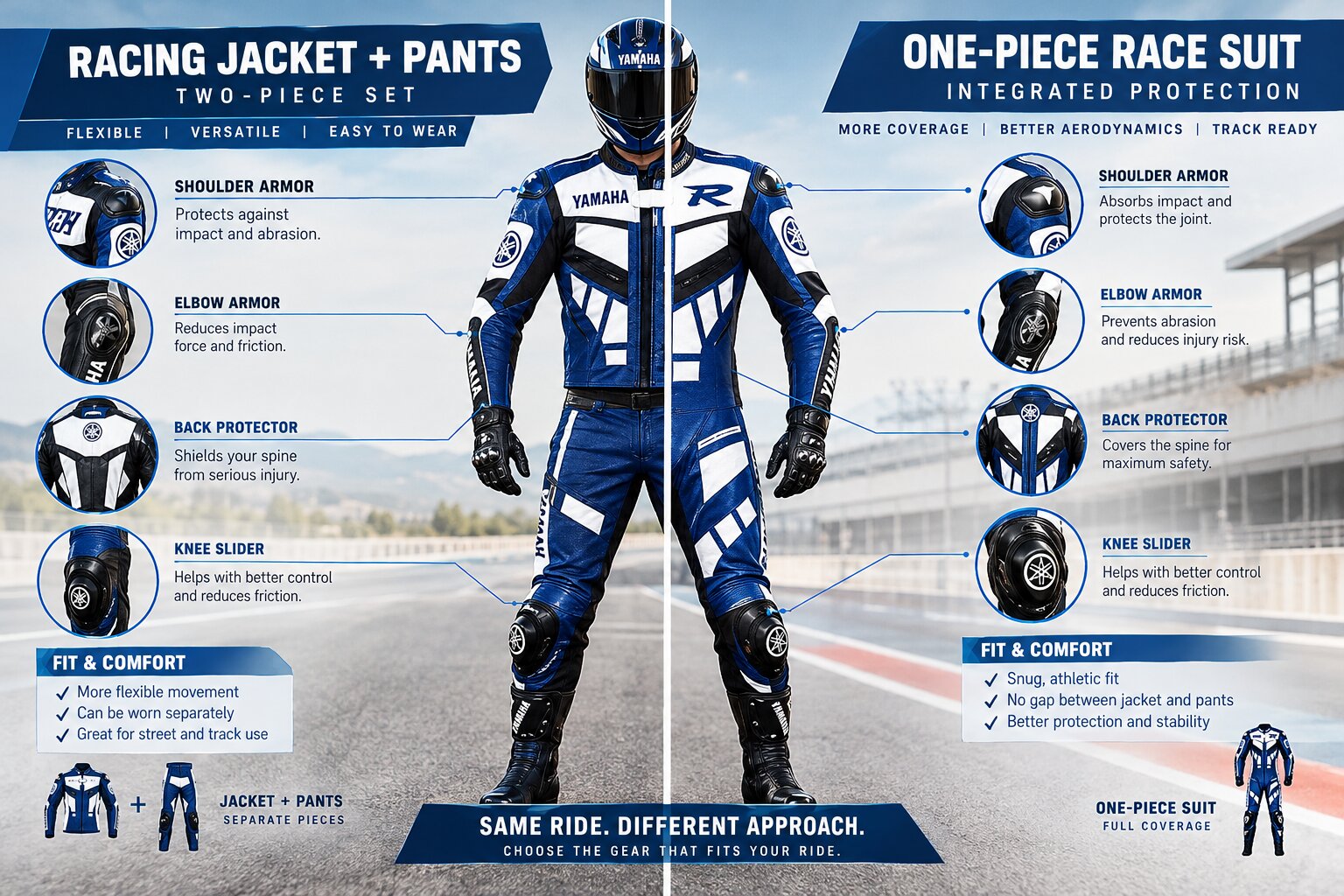 Comparison of motorcycle racing jacket and full race suit protection for riders