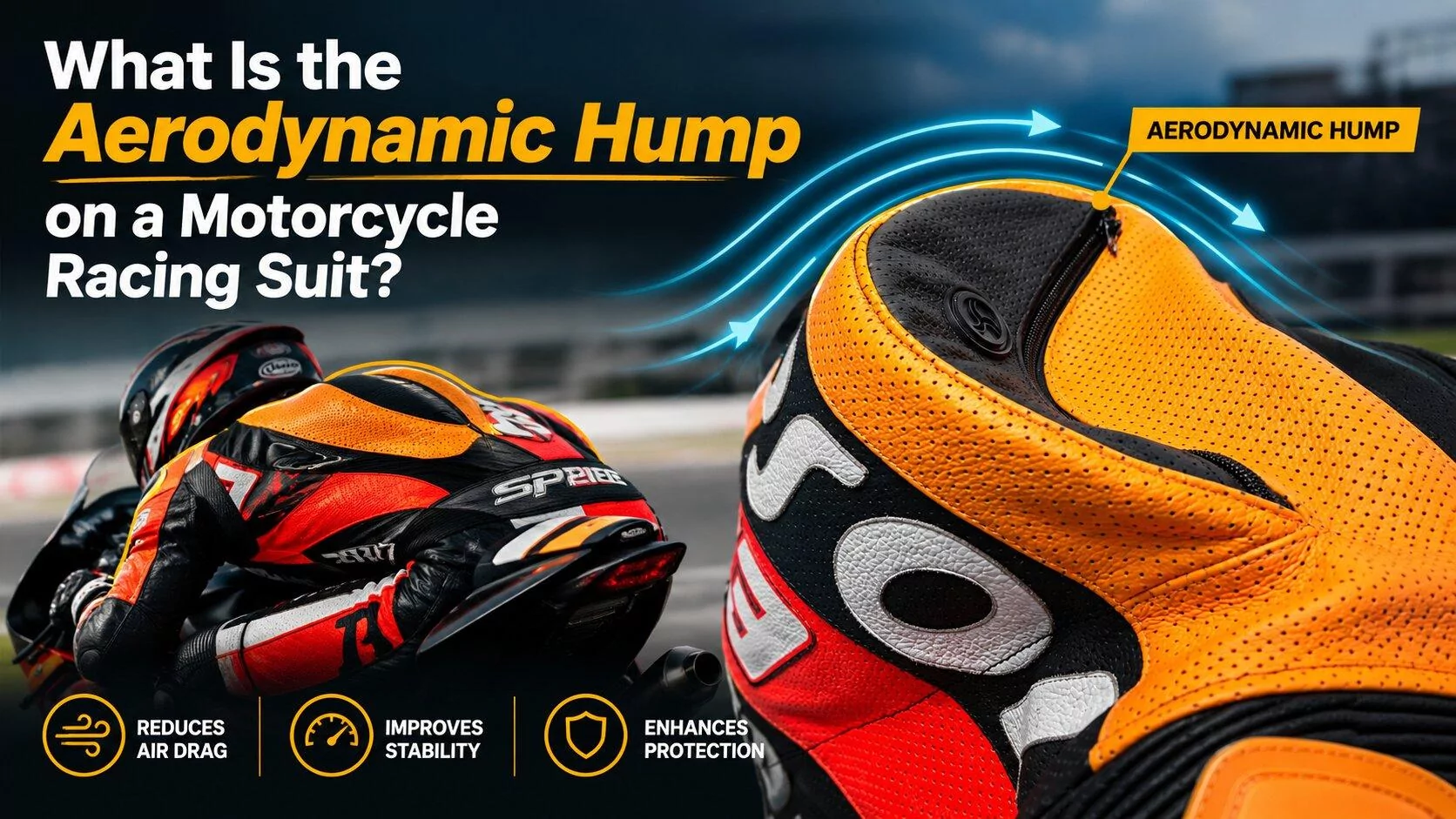 Close-up of aerodynamic hump on a motorcycle racing suit showing raised back panel design