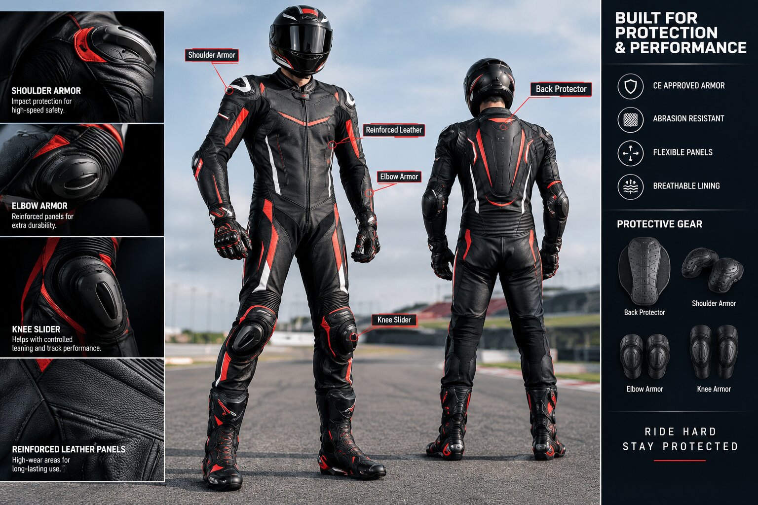Motorcycle racing suit with CE armor protection for high-speed track and road riding