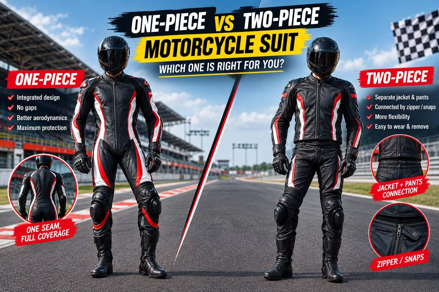 One-piece motorcycle leather suit compared to two-piece racing suit for track riders