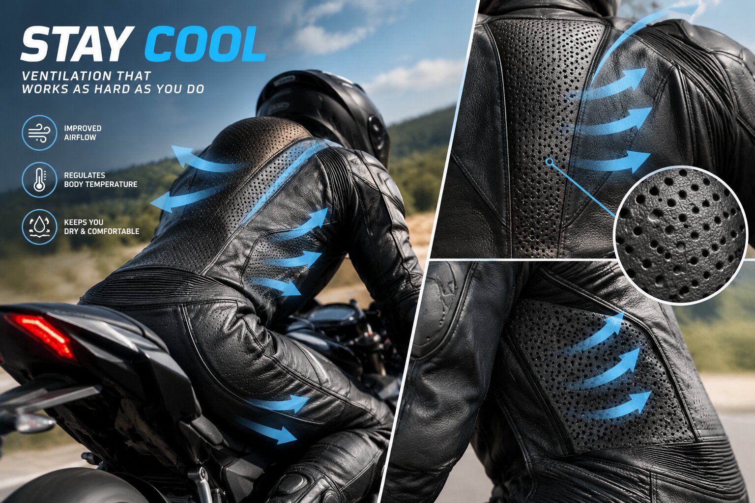 Perforated motorcycle leather showing ventilation holes for airflow and rider cooling