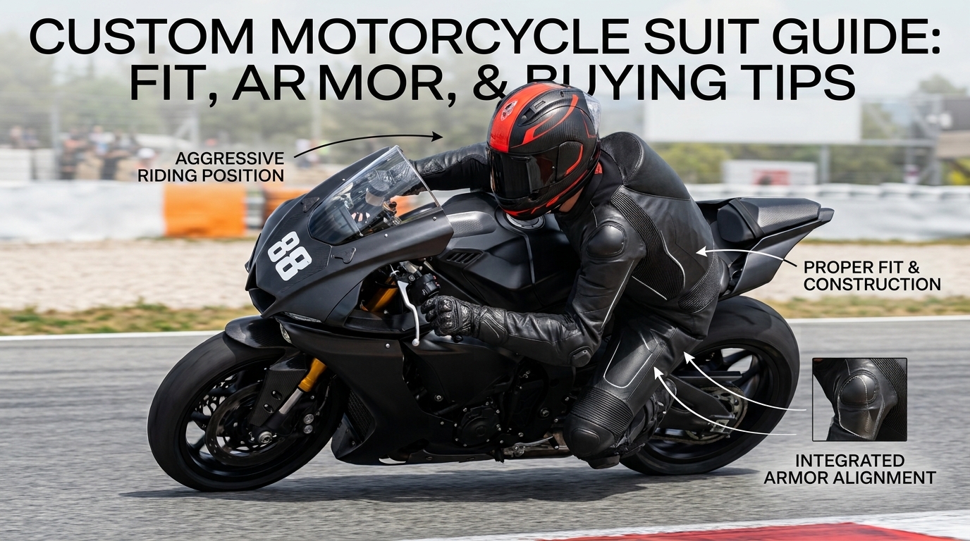 Rider wearing custom-fitted track day motorcycle gear in proper riding position