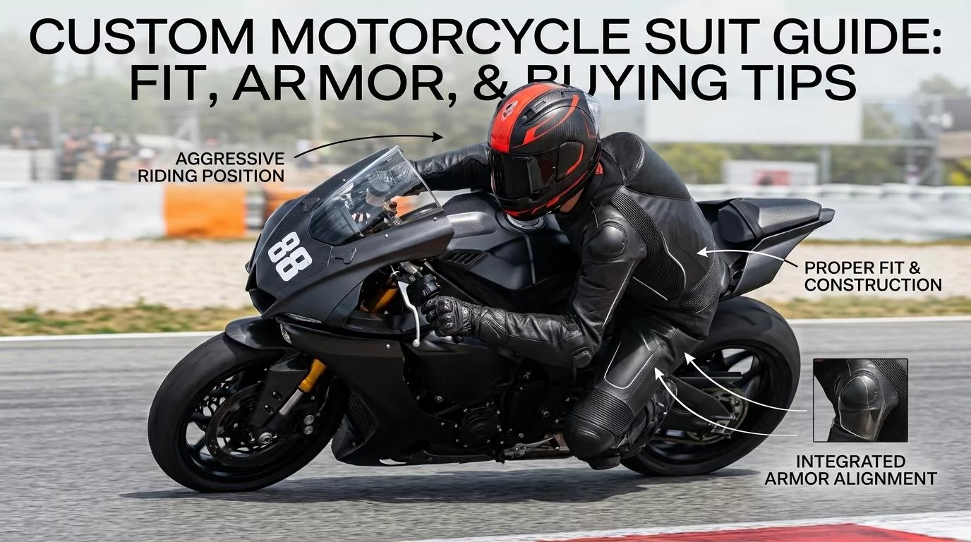 Pilote portant un équipement moto de circuit ajusté sur mesure, en position de conduite