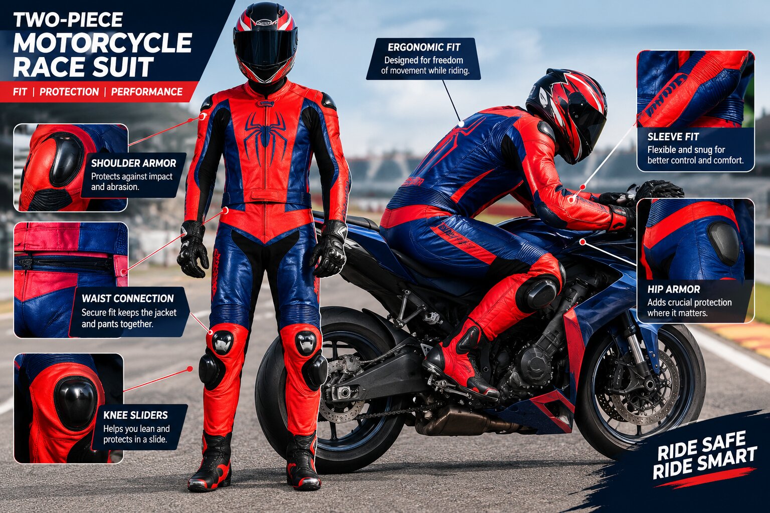 Two-piece motorcycle race suit fit and armor placement
